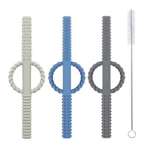 Image of YAPROMO Silicone Baby Teether Tubes for Infants with Nursing Biting Chewing - 3 Pack 3 Pcs-Blue&Beige&Grey