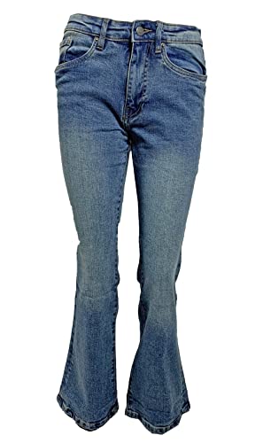 LCJ Denim Jeans da donna svasati a vita alta, elasticizzati, stile retrò anni '70, denim lavaggio acido, Blu, 26W x 30L