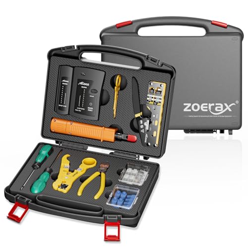 Netzwerk-Werkzeugset, ZOERAX 11 in 1 Professionelles RJ45 Crimpwerkzeug-Kit - Pass Through Crimper, RJ45 Tester, 110/88 Punch Down Tool, Stripper, Cutter, Cat6 Pass Through Steckverbinder und Stiefel