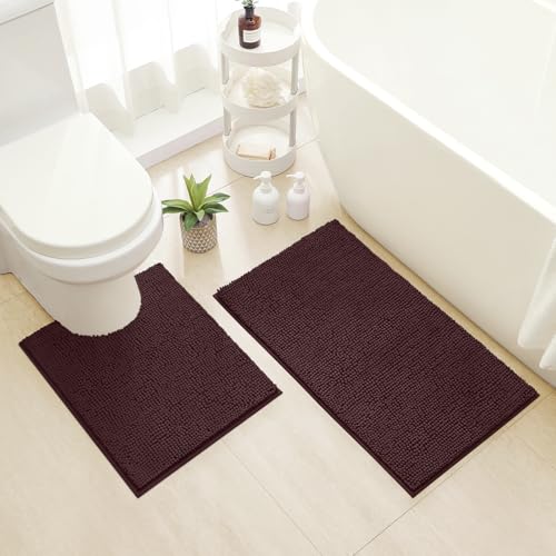 HOMEIDEAS Bathroom Rugs Set 2 Pieces, Ultra Soft Non Slip Absorbent Chenille Toilet Bath Mat Set (Brown)