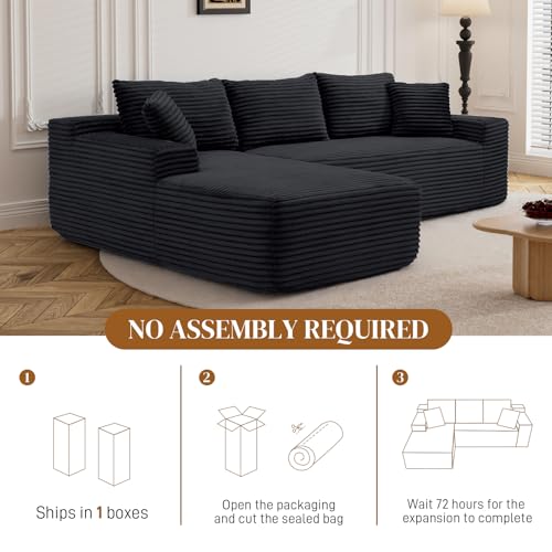Image of 95 inch L Shaped Boneless Sectional Couches, Wide Armrest, Deep Seat, Memory Foam, Assembly Free, Modern Comfy Corduroy Fluffy Cloud Sofa with Left Chaise for Living Room, Small Spaces, Black