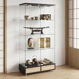 コレクションケース フィギュアケース 4段 幅81.5×奥37×高167.5cm LEDライト付 ガラスケース 鍵付き ショーケース 強化ガラス ディスプレイラック 大型 藤編み引き出し 飾り棚 コレクションボード 防塵 耐震 収納 ...