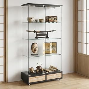 コレクションケース フィギュアケース 4段 幅81.5×奥37×高167.5cm LEDライト付 ガラスケース 鍵付き ショーケース 強化ガラス ディスプレイラック 大型 藤編み引き出し 飾り棚 コレクションボード 防塵 耐震 収納 ...