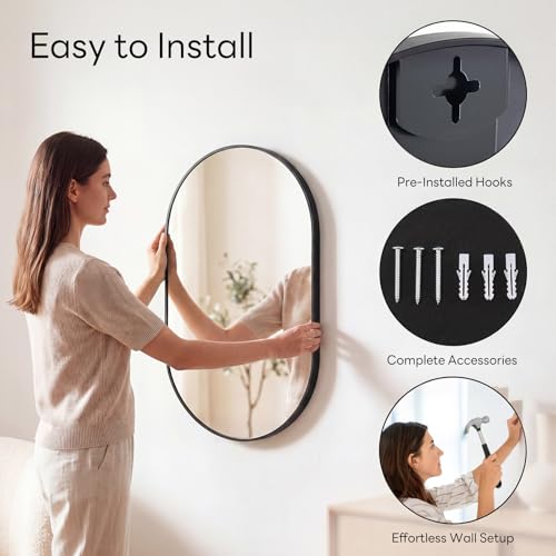 Image of Sweetcrispy 20 inch x 30 inch Black Bathroom Mirror for Wall, Oval Wall Mirror with Metal Frame, Tempered Glass, Modern Vanity Mirror for Over Sink, Living Room, Bedroom, Entryway, Horizontal or Vertical