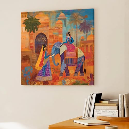 Image of PAINTINGMANTRA Rajasthani Elephant Art Stretched Canvas Painting for Living Room | Indian Ethnic Painting Wall Decor Art For Livingroom, Bedroom, Office, Hallways - 34x34 Inch