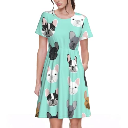 Robe d'été bouledogue français pour femme à manches courtes et col rond avec poches