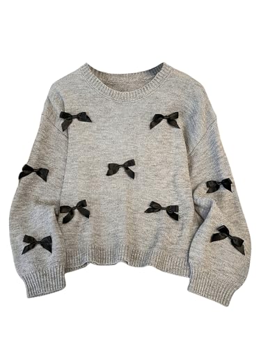 MakeMeChic Girl's Bow Sweater Crew Neck Long Sleeve Drop Shoulder Cute Pullover Top