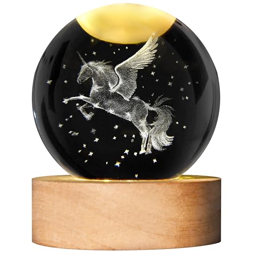AOFEGRLT Unicorn Figurine Crystal Ball Lamp with LED Stand, 3D Laser Engraved Glass Sphere Decorative Balls Paperweight(60mm)