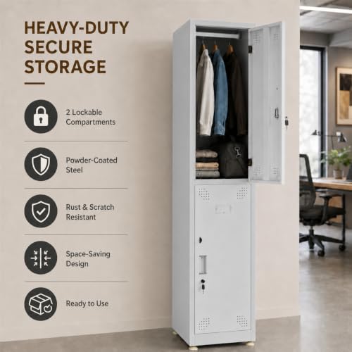 Image of Amazon Brand - Solimo 2 Door Steel Staff Locker Cabinet | Heavy Duty Lockable Storage Cupboard for Office Gym School Hostel Home | Powder Coated Metal Personal Storage Locker (Grey)