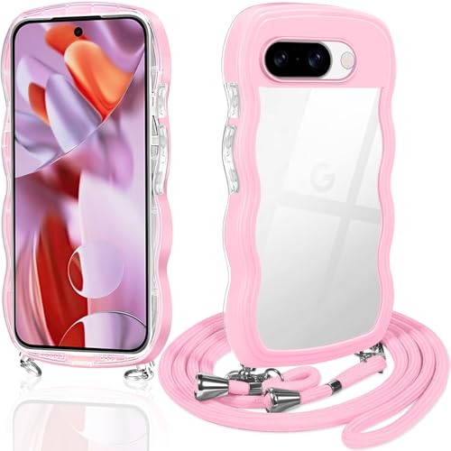 Google Pixel 9a ケース クリア ショルダー グーグル ピクセル9a スマホケース 透明 TPU カバー ストラップ付き 肩掛け 首掛け 紐付き 斜めがけ 創意 個性 可愛い かわいい 韓国 耐衝撃(ピンク)