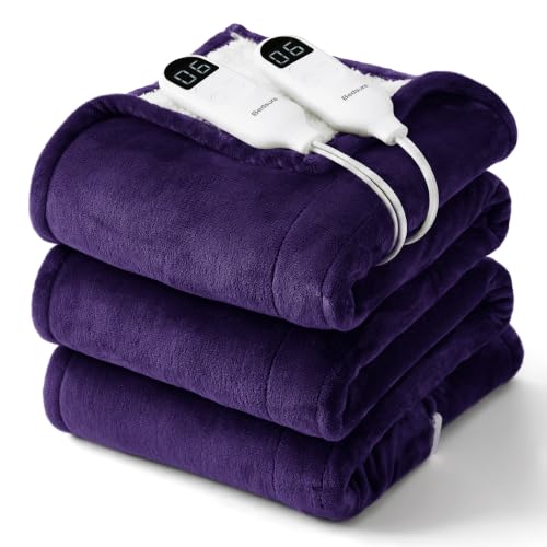 Image of Bedsure Heated Blanket Queen Size, Dual Control Electric Blanket, Purple | Preheat Function,6 Heat /6 Timer Settings, 8H Auto Shut-Off, ETL /FCC, Soft Flannel Sherpa, Machine Washable, 84x90in
