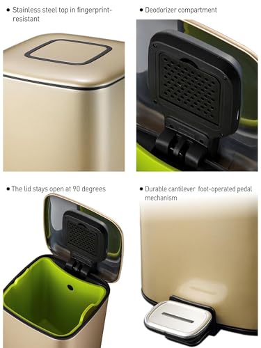 Image of Obsessions EKO Soft-Close Bathroom Trash Can - 6L Stainless Steel Pedal Bin with Lid & Liner, Elegant Champagne Gold Waste Basket for Home & Kitchen