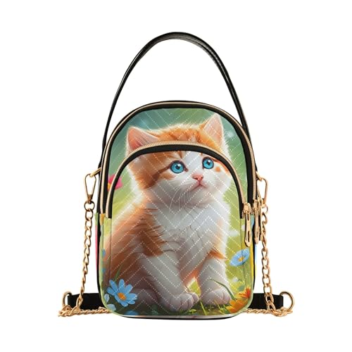 Adorable Orange Kitten Colorful Shoulder Purse for Women Chic Chain Strap Cell Phone Handbag Quilted Ladies Crossbody Satchel Bag
