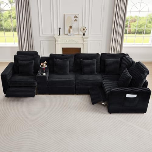 Image of RARZOE Oversized Modular Sectional Sofa with 2 Power Recliner, 5-Seater L-Shaped Corduroy Reclining Sofa with Storage Console Charging Cup Holders, Fluffy Power Reclining Couches for Living Room,Black