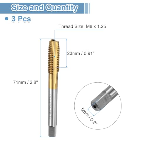 QUARKZMAN 3 Stück Maschine Gewindebohrer Spitze M8 x 1,25 Metrisch Spitzengewindeschneider HSS6542 Universelle und Hochwertige Gewindebohrer Titanbeschichtete Oberfläche