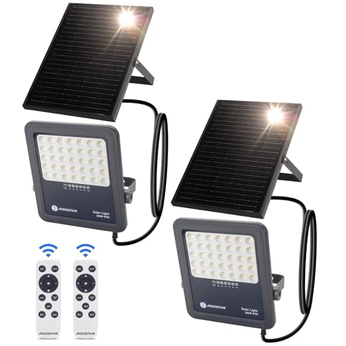 Aigostar Foco proyector LED solar con control remoto,focos solare de 200W, 2000LM,luz blanca fría de 6500K,IP65 impermeable Luz solar exterior,para jardín,terrazas,garajes,cable de 2M,Paquete de 2