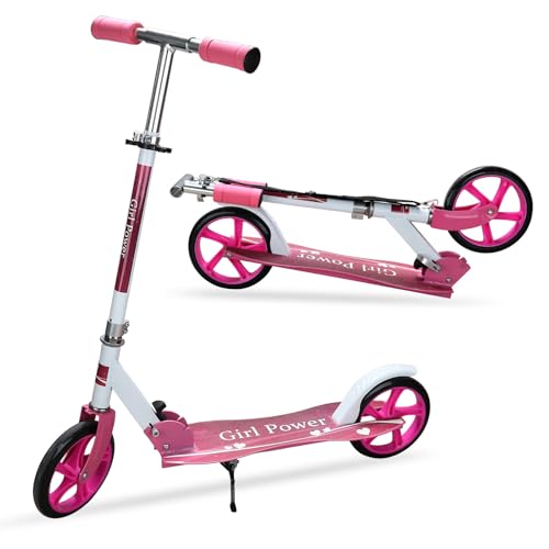 Hebitod Patinete infantil rosa para niñas, patinete infantil plegable con ruedas de poliuretano de 190 mm, manillar regulable en 3 posiciones, altura regulable de 90 a 100 cm, patinete urbano a partir