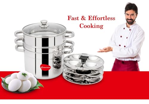 Image of KLASSI KICHEN Stainless Steel Idli Maker 1.5 Litre with Glass Lid & Pipe Handle | 4 Plates 16 Idlis Steamer | Gas Stove & Induction Compatible | Idli Cooker Steamer Pot | South Indian Idli Stand Maker