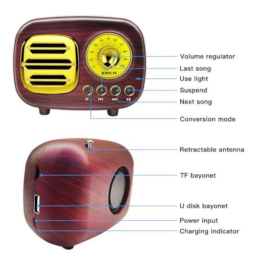 Image of BKK Retro Portable Bluetooth Speaker with FM Radio and Antenna, Wireless Bluetooth Speaker with Calling Feature, USB Charging, TF Card Support, with Wireless Mic, Vintage Speaker - 11.5x8.75x6cm
