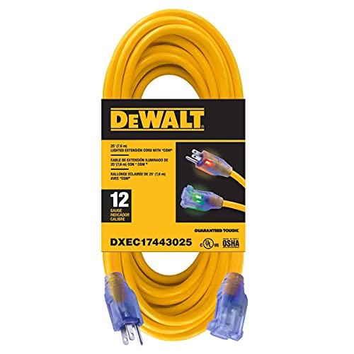 DEWALT 25 Foot 12/3 SJTW Lighted Extension Cord - Heavy Duty Outdoor Waterproof Weatherproof Heat & Corrosion Resistant Industrial Strength Light Up Prong Outlet Plug Power Cord