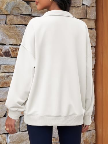 Fisoew Womens Oversized Sweatshirts Casual Long Sleeve Snap Button Henley Neck Loose Fit Fall Pullover Tops White