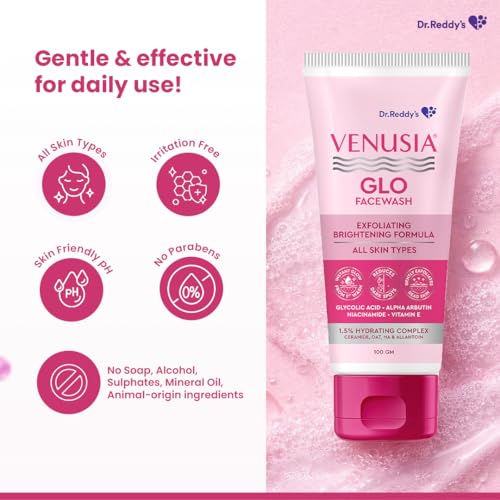 Image of Dr. Reddy's Venusia Glo Facewash | Exfoliating & Brightening Formula | Reduces Dark Spots & Gives Instant Glow from 1st wash | Enriched with Glycolic Acid, Alpha Arbutin, Niacinamide, Vitamin E, Ceramides - Oats - HA complex | All Skin Type | 100g