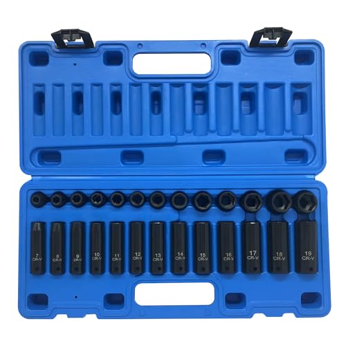 GOSWIFT 26pcs 3/8 Impact Socket Set Deep & Standard Socket Metric 7mm to19mm 6-Point Cr-V Steel