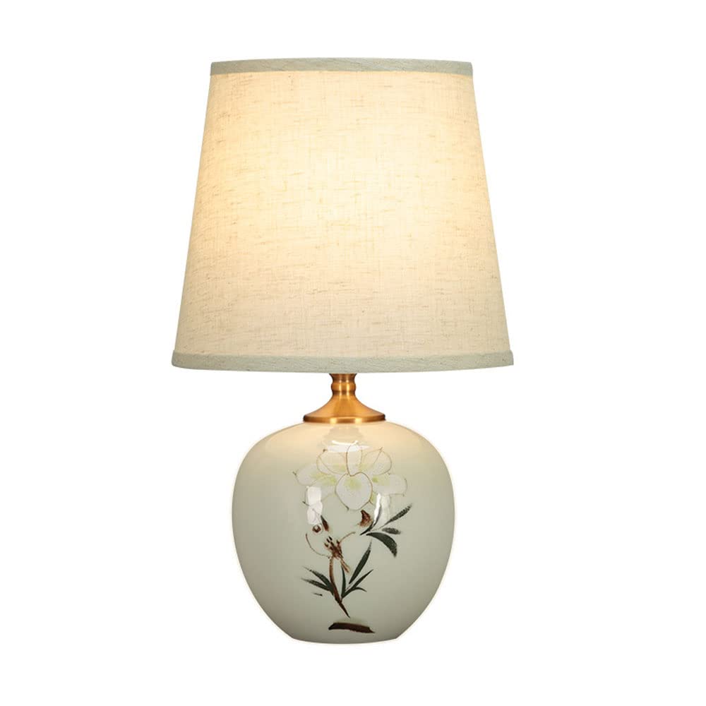 SGKOMN American Flower Ceramic Table Lamp, Hand-Painted Chinoiserie Lamp, Fabric Lampshade Nightstand Lamp For Bedroom Living Room Office College Bookcase