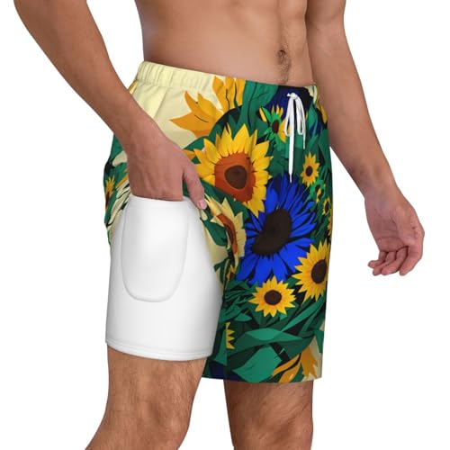 Sunflower Pattern Print Men's Double Layer Swim Trunks,Athletic Beach Shorts,Adjustable Drawstring Waist3