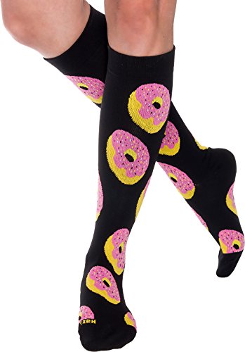 LISH Fun Running Compression Socks - Graduated 15-25mmHG Colorful Knee High Sport Socks for Men and Women (Donut, S/M)