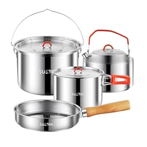 Camping Cookware Set,Camping Cooking Set,304 Stainless Steel Camping Pots and Pans Set,Durable Camping Gear with Kettle for Hiking Outdoor Cooking Picnics