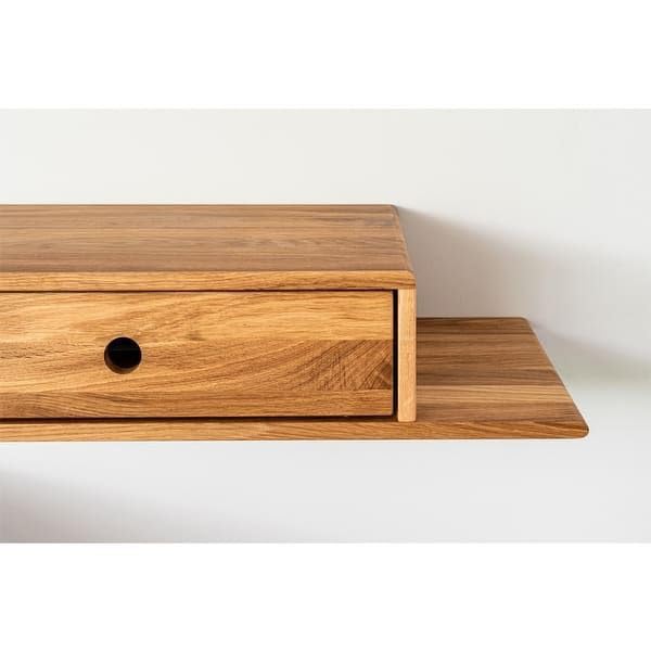 Image of MAYAL Floating Wall Shelf with Drawer, Wooden Storage Nightstand, Oak Finish