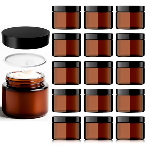Braunglas Salbentiegel Gläschen mit Deckel (60ml x 16 Stück) - Glastiegel Creme Dosen zum Befüllen - Ideal als Kosmetik Aufbewahrung für Cremes Salben usw.