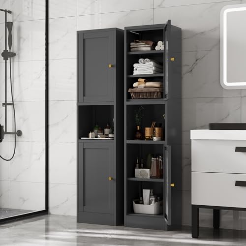 Image of 67 inch Tall Narrow Storage Cabinet with Doors and Open Shelf,Metal Pantry Cabinet,Shaker Style Slim Cabinet with Adjustable Shelves,for Bathroom Kitchen Laundry Small Spaces, Black, 1Pc