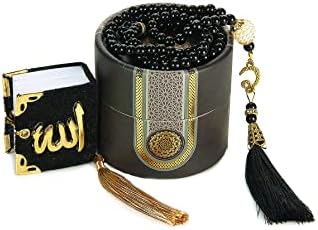 ihvan online Islamic Prayer Cylinder Gift Box with Elegant Velvet Covered Mini Quran & Prayer Beads Tesbih, Ramadan & Eid Gift, Black