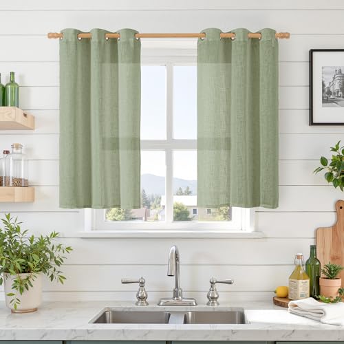 Image of LAMIT Short Linen Curtains 40 inches Long for Small Window, Bronze Grommet Linen Drapes Light Filtering Sheer Window Curtains for Kitchen /Cafe, 2 Panels (34 x 40 Inch, Sage Green)