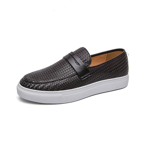 Men's Leather Woven Casual Dress Loafers Fashion Round Toe Lightweight Non-Slip Slip-On Penny Loafers for Driving Parties Office