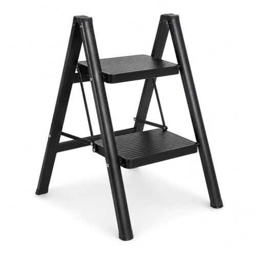 Image of Portable 2 Step Ladder, Lightweight Folding Step Stool with Anti Slip Wide Treads, Heavy Duty Steel Kitchen Ladder, 100kg Capacity, Black