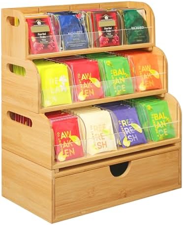 4-Layer Bamboo Tea Bag Organizer with 3 Stackable Racks and 1 Dra...
