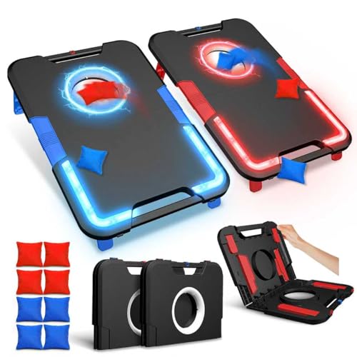 LED Cornhole Board Set Light-Up and Travel Cornhole Boards Games Set Corn Holes Outdoor Game Corn Hole Game Set w/ 2 Boards 8 Beans Bags for Backyard Beach Lawn (Black)