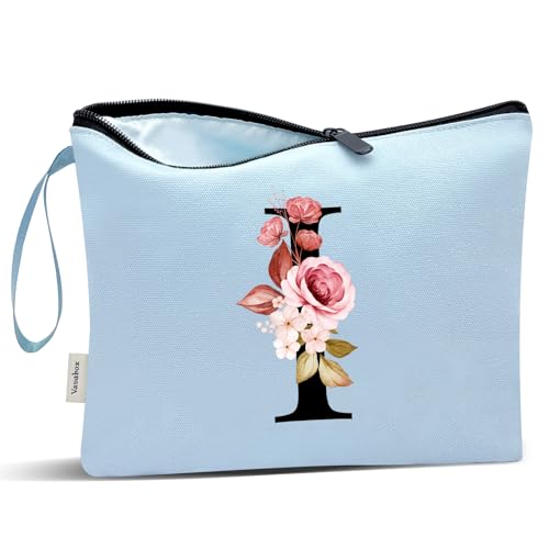 Image of Vavabox A-Z Personalized Makeup Bag, Birthday Gifts for Women Mom, Gifts for Best Friend, Bride Bridesmaid Cosmetic bag (I, Blue)