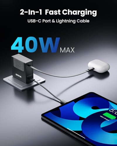 Image of Gitryin Portable Charger Block, Retractable Wall Charger with 33.5in Retractable Lightning Cable, 40W Fast Charging Block with USB C Port, Power Adapter with Foldable Plug for iPhone14 /13 /12, Black