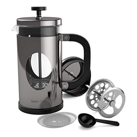 bonVIVO Cafetiere - GAZETARO I 350ml, 8 Cup, Stainless Steel French Press Coffee Maker w/Bonus Scoop and Replacement Filter Mesh - Heat-Resistant Coffee Press - Gifts for Women and Men Silver Cover