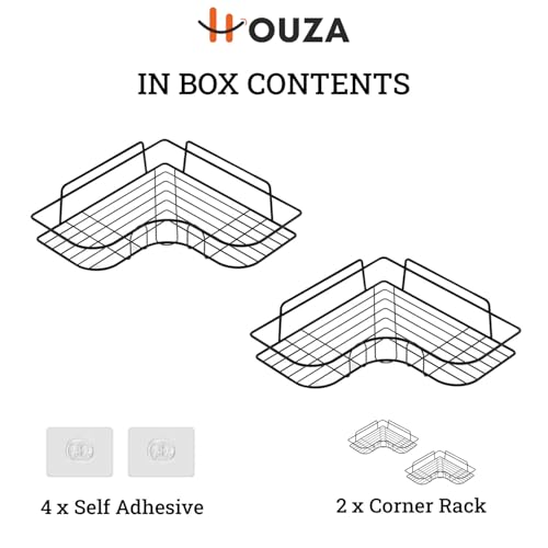 Image of HOUZA Bathroom Corner Rack - Durable, Strong Self-Adhesive Metal Organizer with No Drilling Needed - Rustproof, Quick & Easy Installation for Shower, Kitchen & Toilet Area (Set of 2)