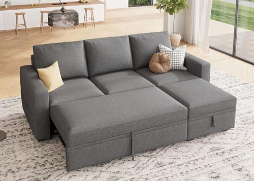 Image of HONBAY Modular Sectional Sleeper Sofa with Pull Out Bed, L Shaped Couch with Storage Seat, Modular Sectional Couches for Living Room - Dark Grey