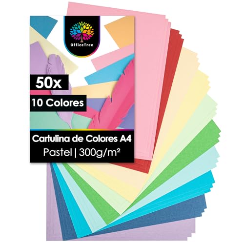 OfficeTree 50x Folios de Colores Pastel A4 300g - 10 Colores - Cartulinas de Colores Pastel para Manualidades e Impresión - Papel A4 300gr - Coloured Card Pastel