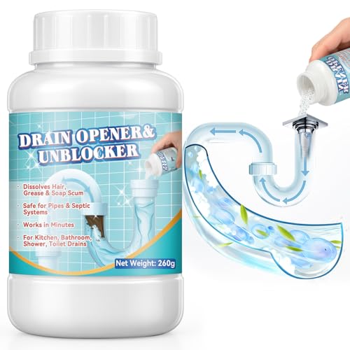 Drain Clog Remover Crystal Lye Drain Opener Hair Drains Clog Remover Unclog Bathroom and Kitchen Sinks Drains Shower Pipes Removes Hair Soap Scum Blockages 260g