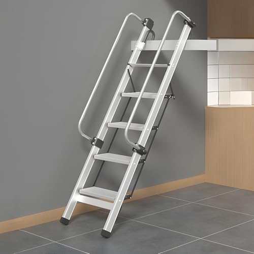 5 Aluminum Step Ladder, Foldable Bunk Bed Ladder, Safety Climb Stairs with Handrails Hooks, Anti-Slip Wide Treads, for Loft Attic Dorms Camper Library RV Deck, 330LBS Capacity