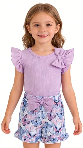 Image of Barlver Girls 2 Piece Short Set Baby Girl Summer Clothes Ruffle Sleeve T-Shirt and Bow Knot Shorts Toddler Girl Outfit Set