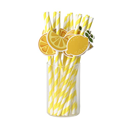 Lemon Biodegradable Paper Straws?Lemon Birthday Party Striped Decorative Straws - Set of 20.